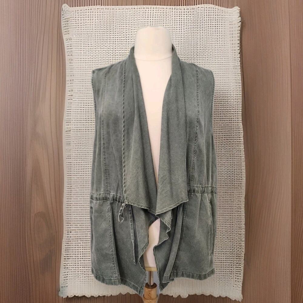 JANE DELANCEY Size 2XL GREEN DENIM VEST Pockets Cinch Waist